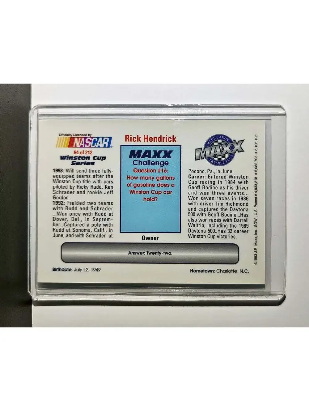Rick Hendrick 1993 Maxx Premier Plus Racing #94 NASCAR Card Hendrick Motorsports